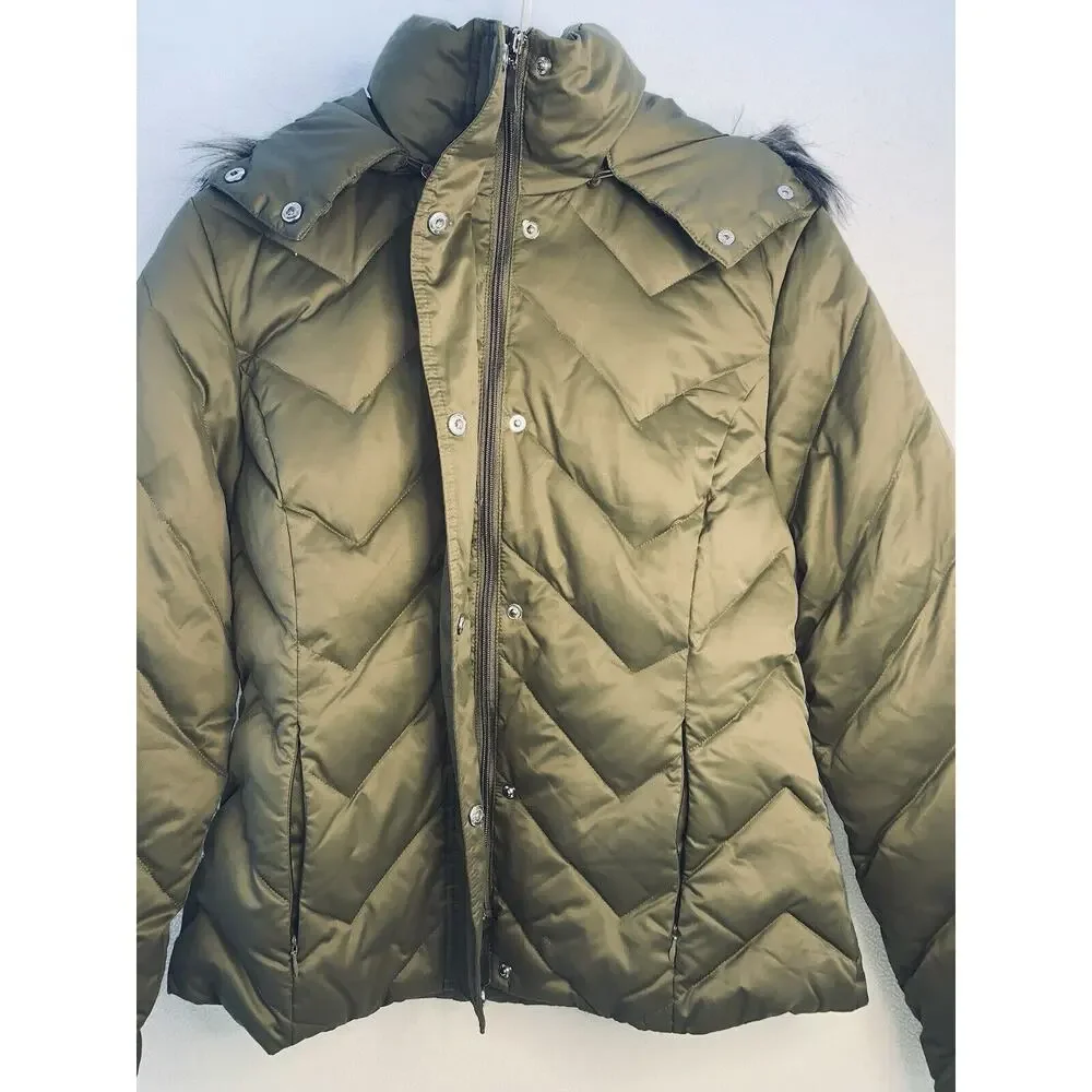 Sz M Nine West Womens Puffer Faux Fur Trim Hood jacket Down Parka Pockets Unworn